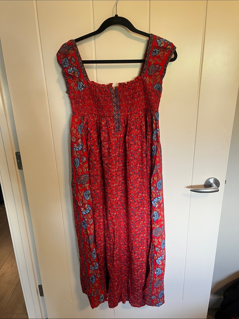 Red Floral Maxi Dress with Smocked Bodice
